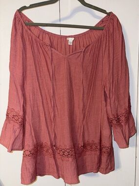 Cato Dusty Rose Crochet-Trim Peasant Blouse